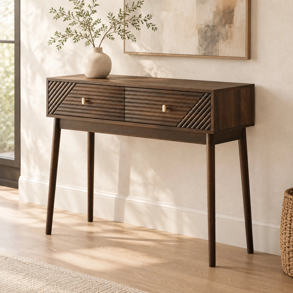 Scrivania in stile Mid-Century con 2 cassetti e ripiani aperti color noce HAVRYA