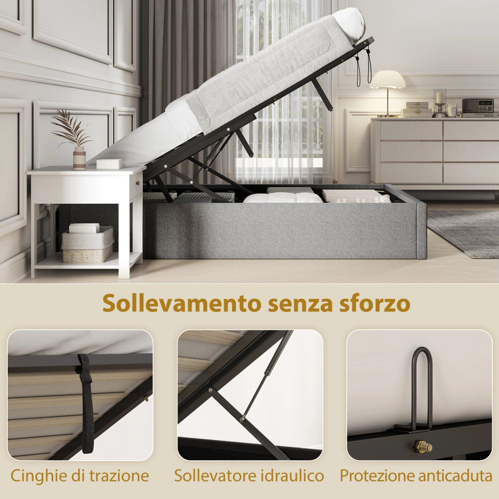 Letto Contenitore Matrimoniale 190x140 cm Doghe in Legno Pistone a Gas e Rivestimento in Tessuto Grigio