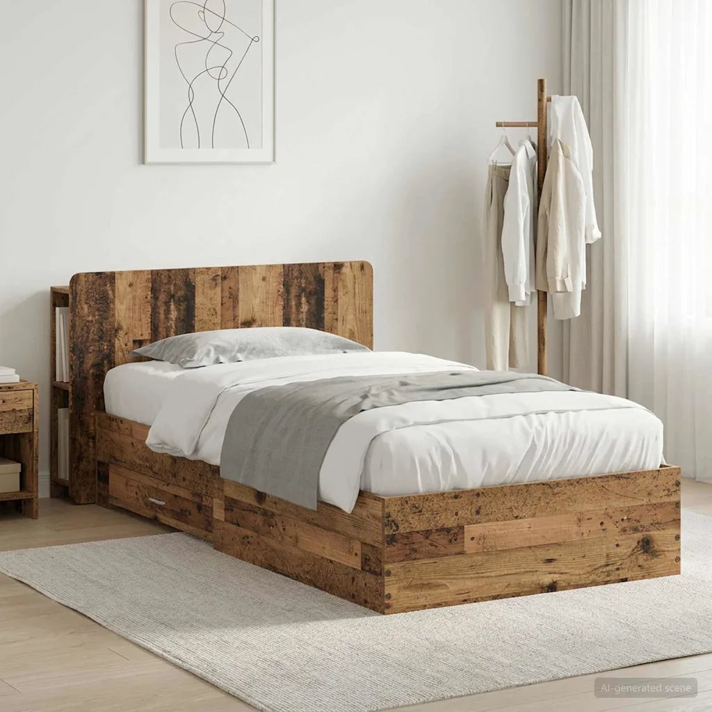 Letto singolo | Letto per adulti | Telaio del letto con storage Legno antico 90 x 190 cm