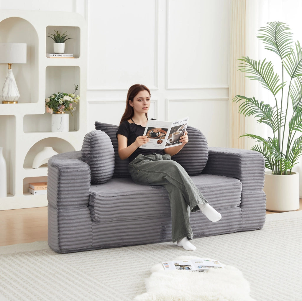 Divano letto 4-in-1 in tessuto a coste, convertibile in chaise longue rotonda, ideale per spazi compatti
