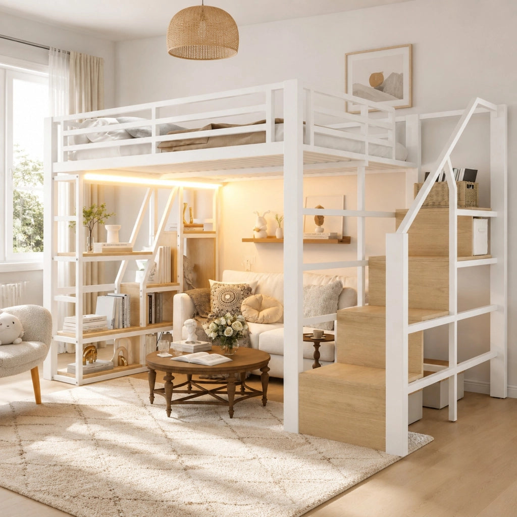 Letto a soppalco 140x200 cm con LED e scaletta contenitore in metallo e MDF bianco