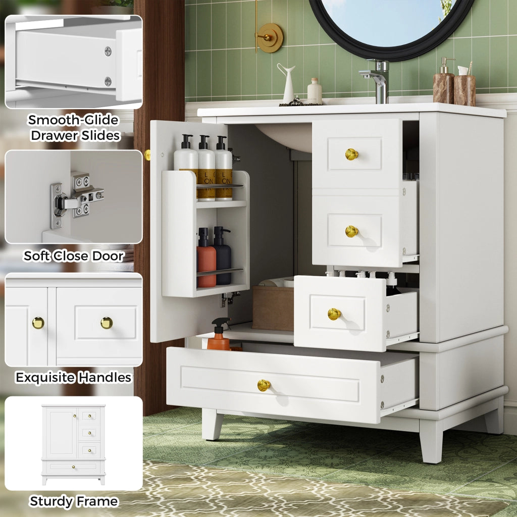 Mobiletto con lavabo da bagno a terra con 3 cassetti e anta soft-close in MDF bianco lucido 61 × 47 × 86 cm