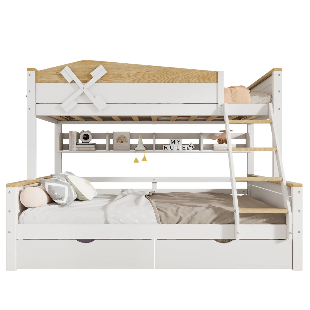 Letto a castello 90x200 e 140x200 cm con decorazione a mulino e 2 cassetti; bianco e naturale