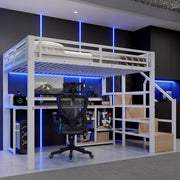 Letto a soppalco 140 × 200 cm in metallo e MDF bianco con armadio scala ripiani LED USB e USB C