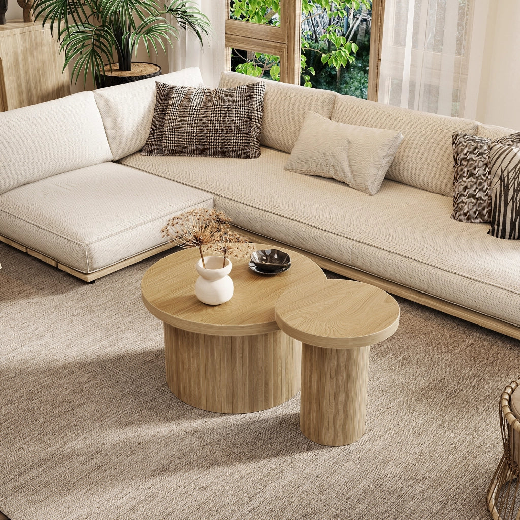 Tavolini da salotto impilabili modulari con struttura a doghe, stile naturale, in MDF, colore legno, per soggiorno