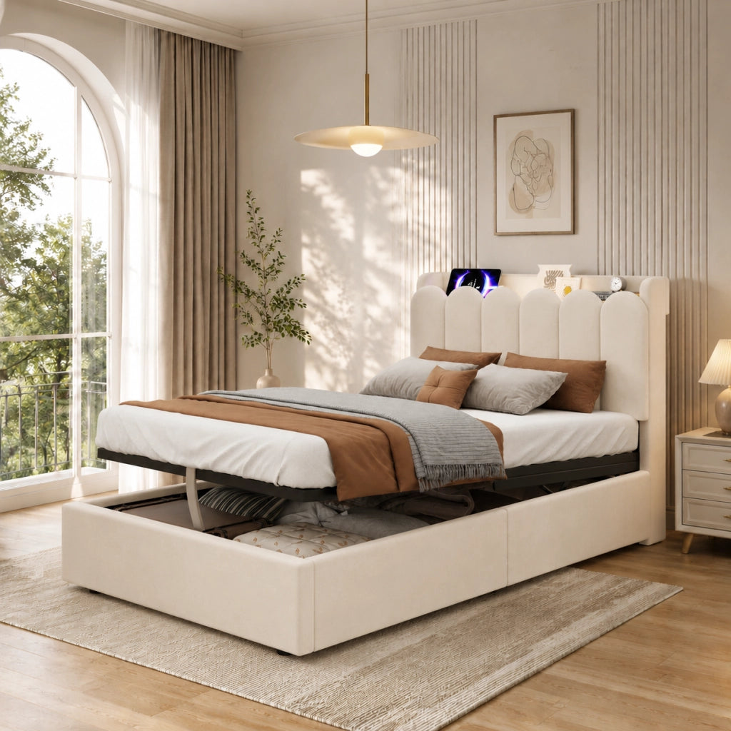Letto contenitore per bambini con rete a doghe; testiera imbottita; LED; USB e Type-C; velluto; beige