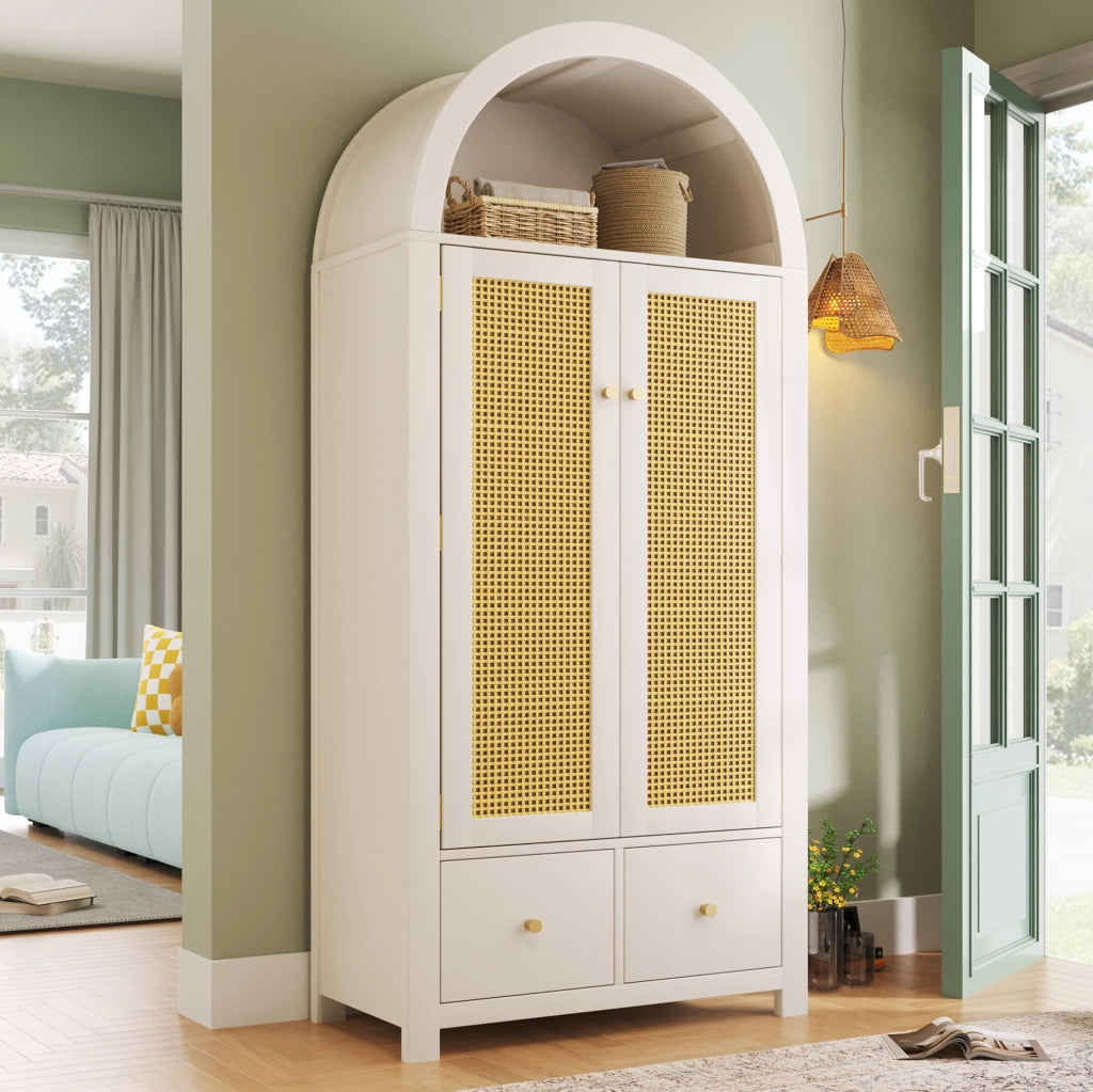 Armadio bianco 181x78x45 cm in MDF con intreccio in rattan, stile country, 2 ante con chiusura magnetica, 2 cassetti, barra appendiabiti e sicurezza anti-ribaltamento