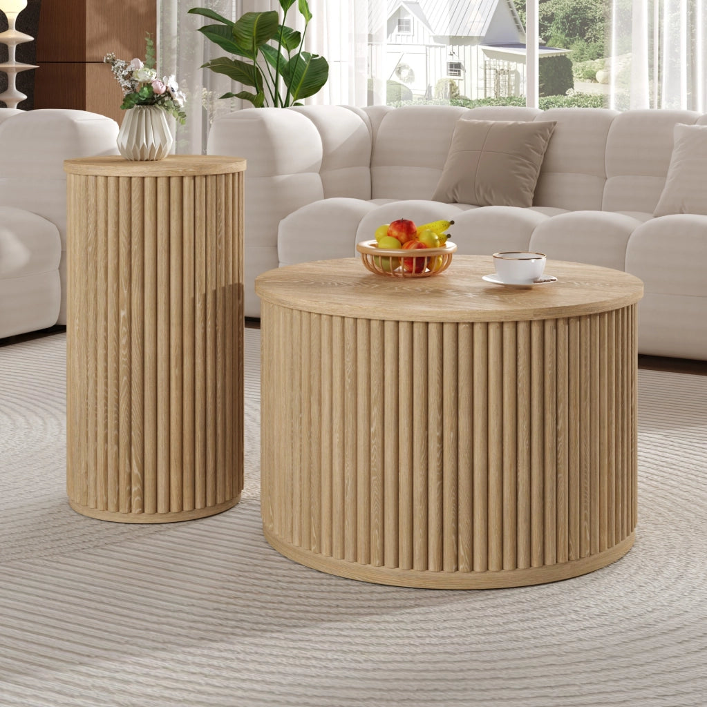 Set di 2 tavolini da salotto rotondi in MDF naturale con motivo a listelli verticali