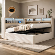 Letto imbottito con contenitore idraulico; LED; USB e Type-C; velluto beige