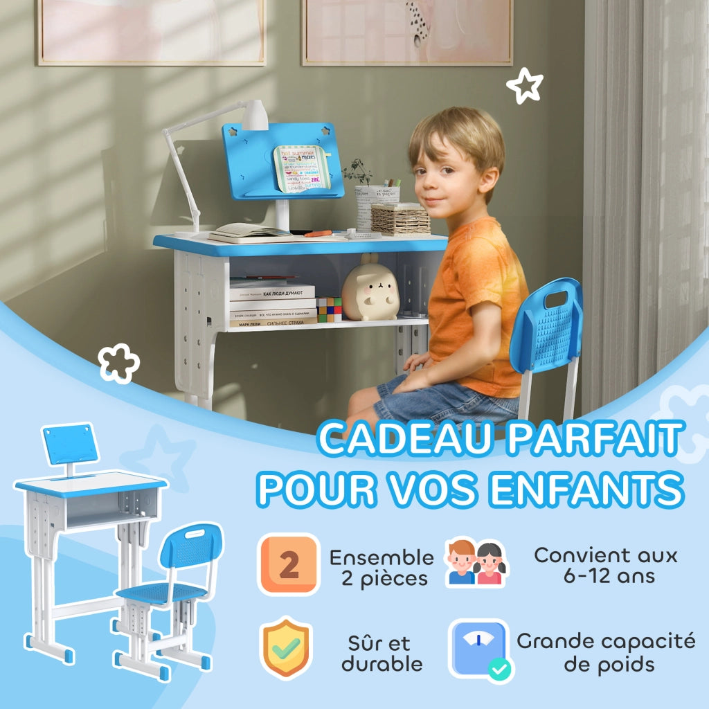 Scrivania e sedia per bambini con leggio portapenne gancio e cassetto 60x45x90-102 cm ¨C Xylo ¨C Blu