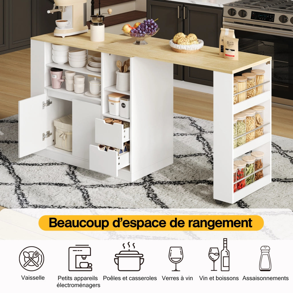 Mobile isola cucina con piano girevole estraibile due cassetti ripiano a tre livelli MDF bianco naturale 115 × 50 × 92 cm