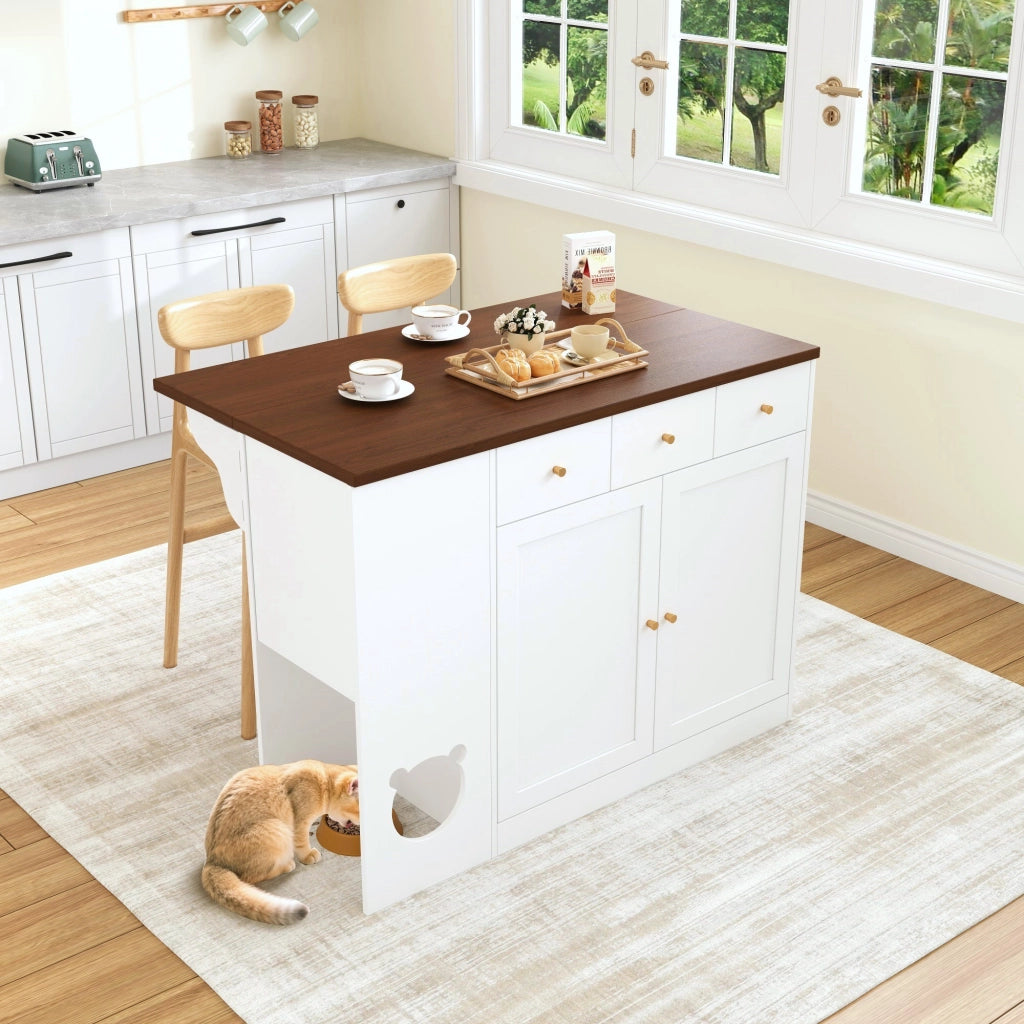 Mobile base da cucina con piano estraibile; 3 cassetti; portaspezie e area pappa per gatto in MDF bianco noce