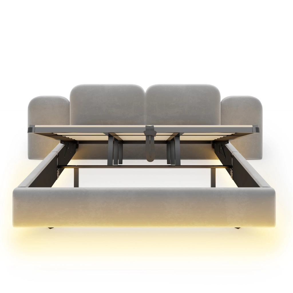 Letto contenitore 180 × 200 cm con sollevamento idraulico; LED RGB; USB e USB-C; rivestito in velluto grigio