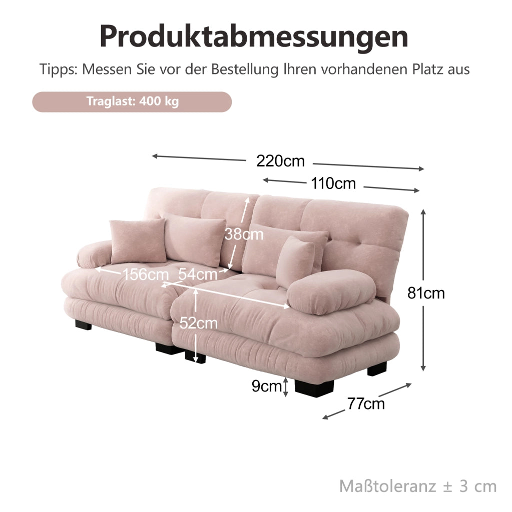 Divano modulare in ciniglia rosa 220×77×81 cm