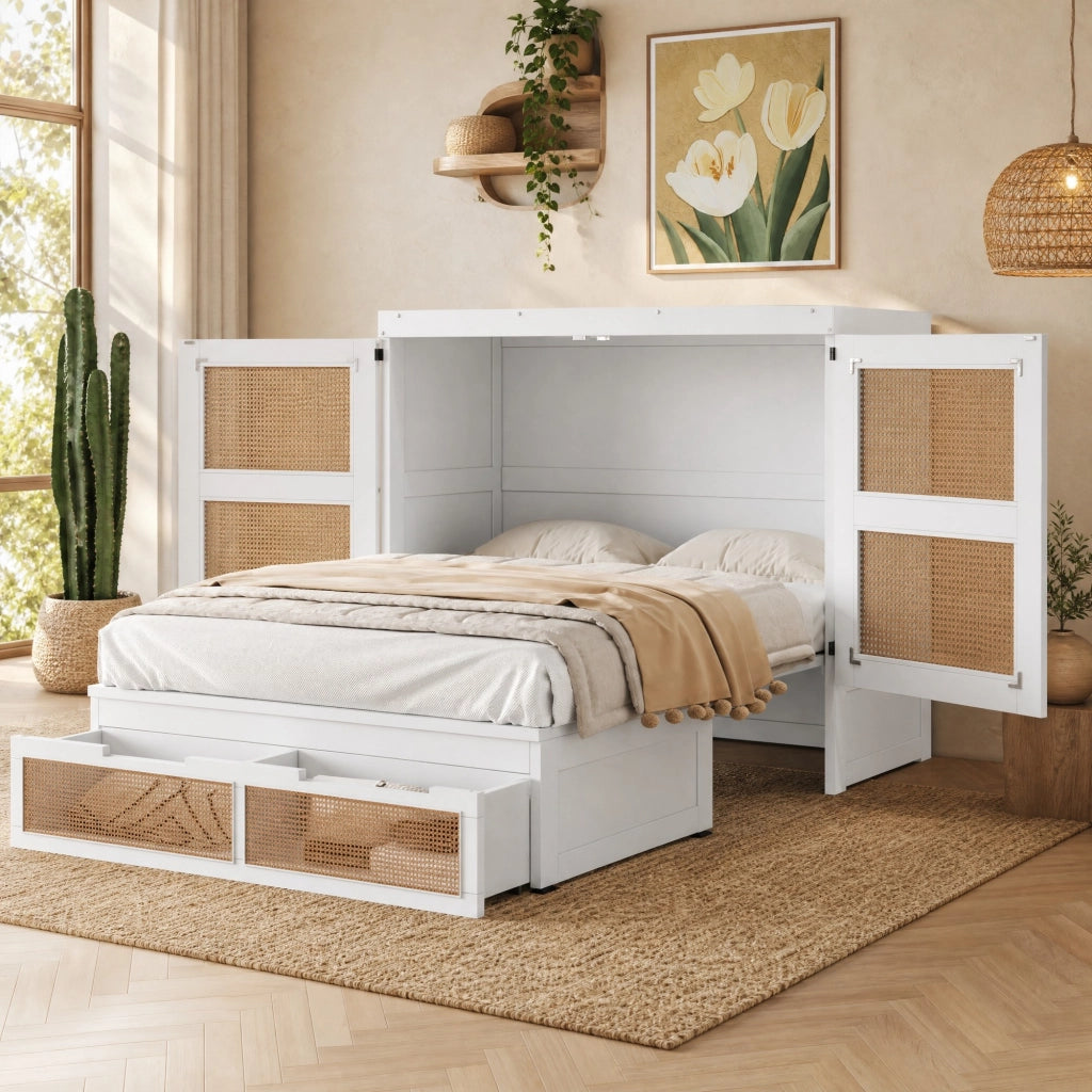 Letto a scomparsa verticale 140x200 cm con cassetti in pino, compensato e MDF bianco