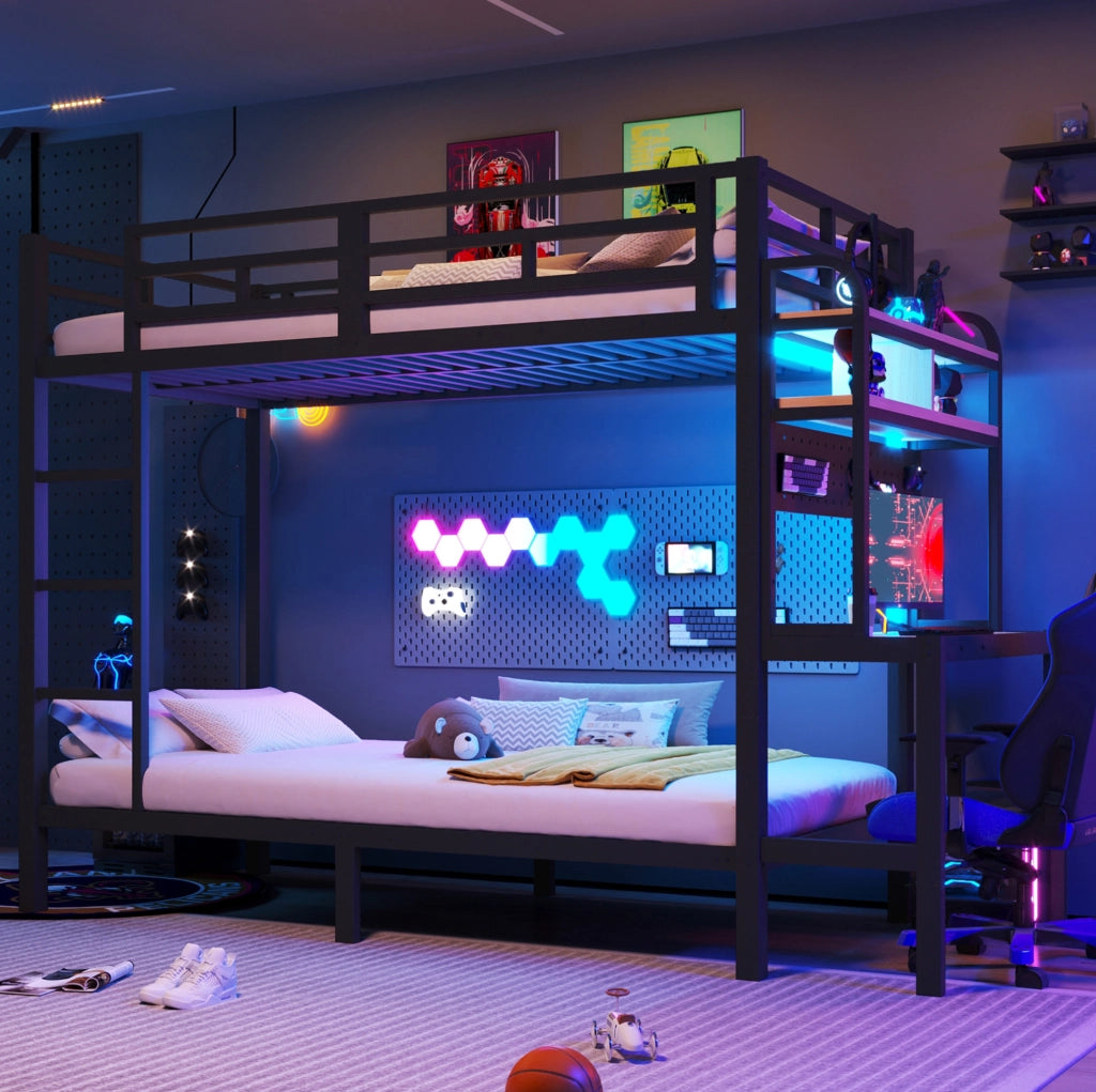 Letto a soppalco 90x200 cm con scrivania; LED e porta USB nero HOMVRA