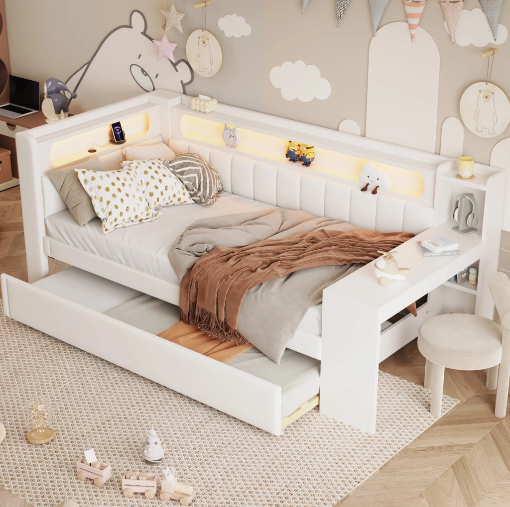 Letto singolo 90x200 con LED, USB, estraibile e scrivania