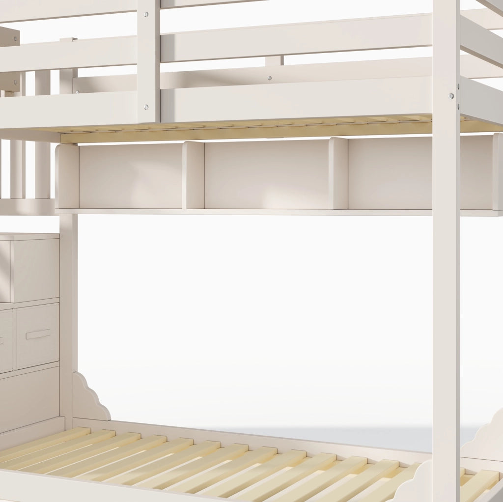 Letto a castello in legno bianco 90x200 cm per bambini con scala armadio e spazio contenitore, senza materasso