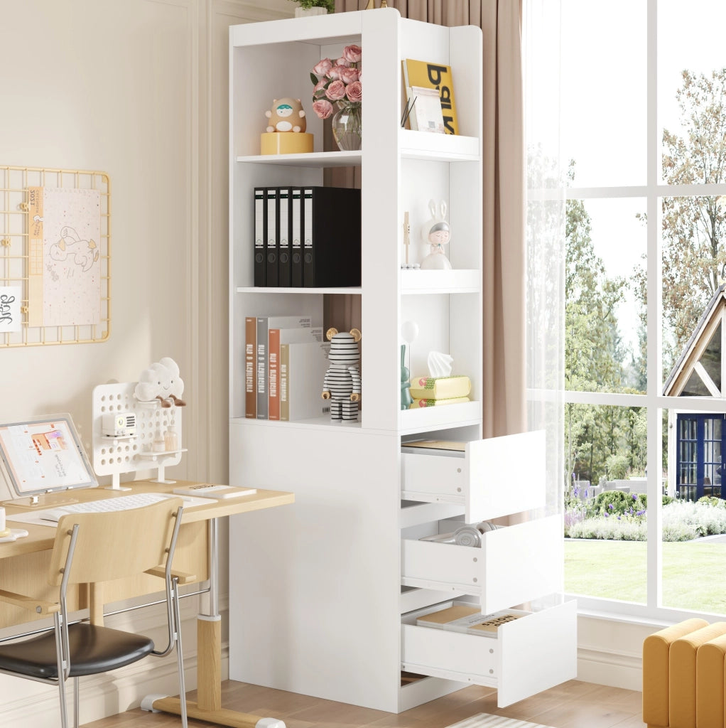 Libreria stretta bianca con 3 cassetti e 3 vani, 200 cm