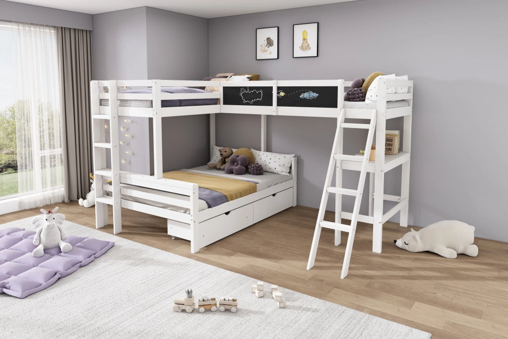 Letto a soppalco per bambini tre posti con scrivania cassetti in legno bianco e rovere con scala sicura