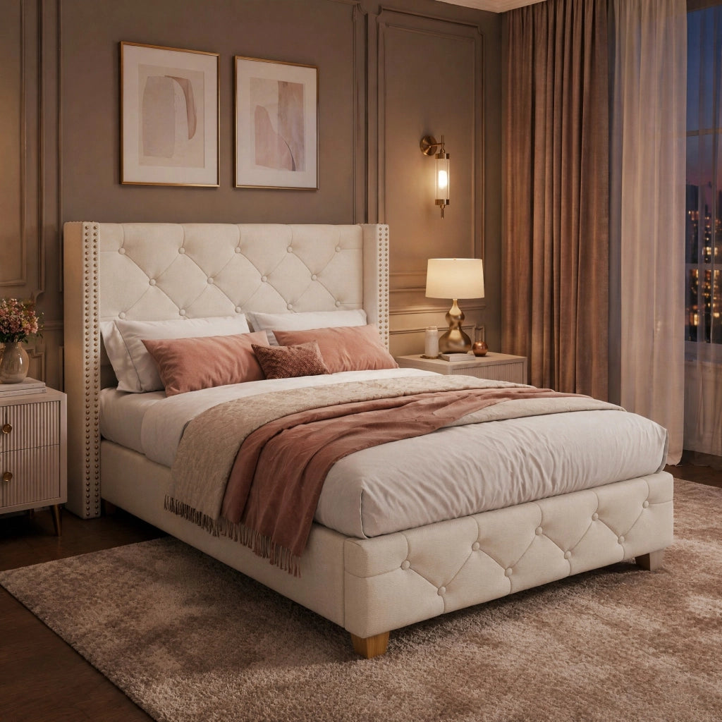 LETTO imbottito 90x200 cm in lino beige con rete a doghe