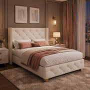 LETTO imbottito 90x200 cm in lino beige con rete a doghe
