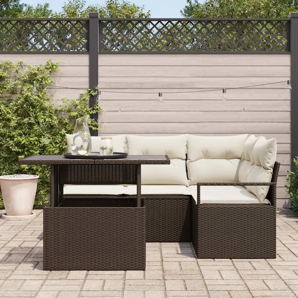 Set Divano da Giardino con cuscino 5 pcs Marrone Poly Rattan