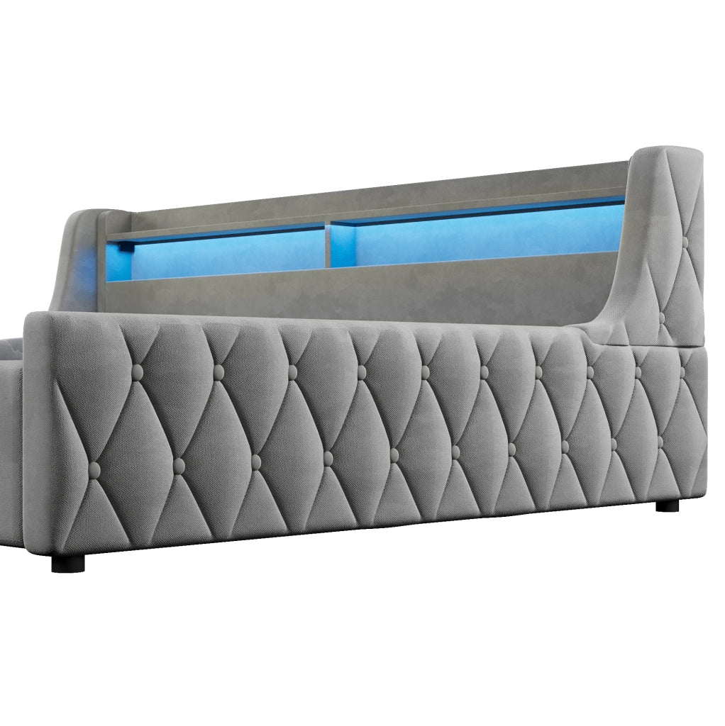 Letto imbottito 140 x 200 cm con vano contenitore e testiera LED; grigio