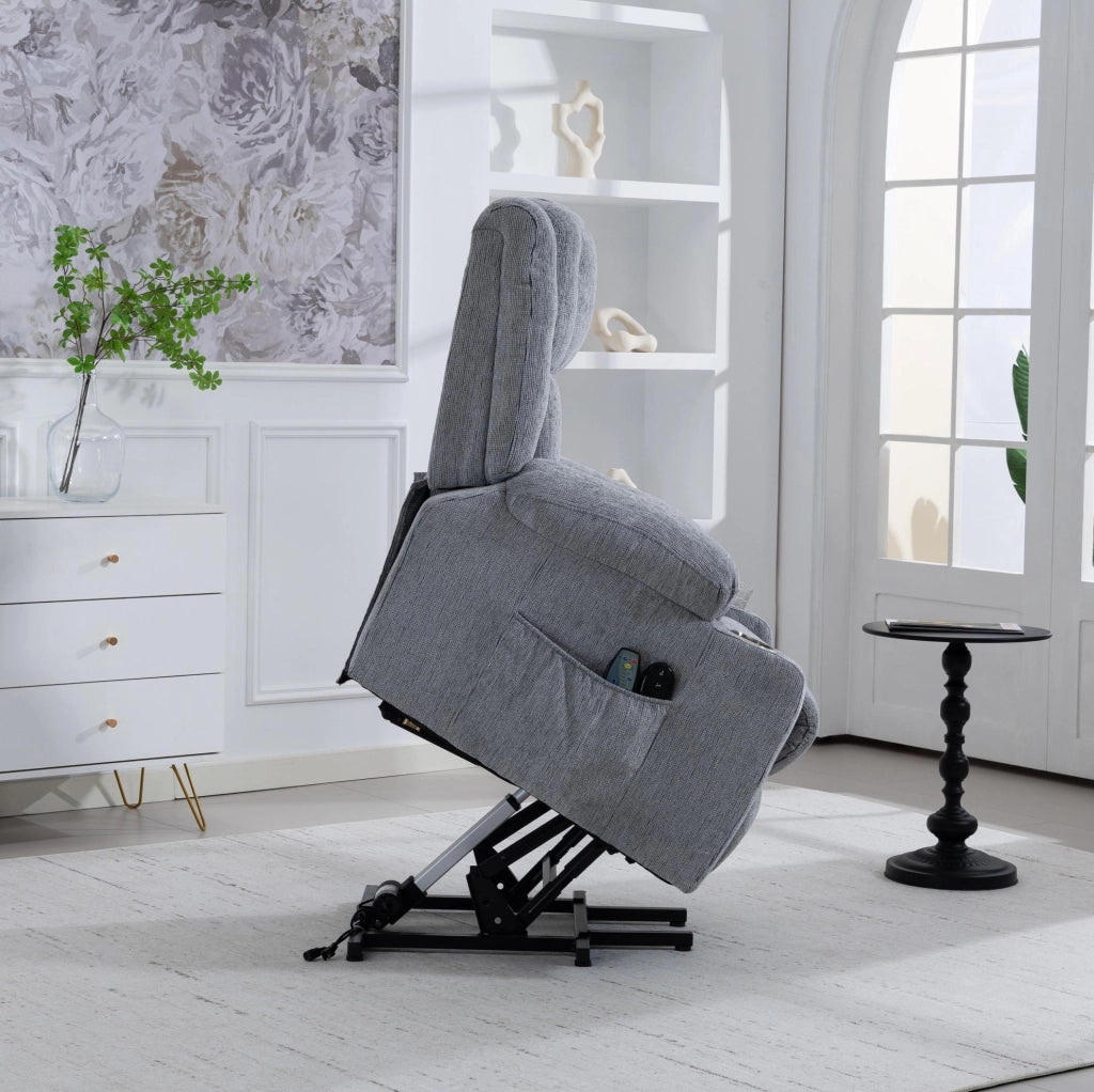 Poltrona Elettrica Relax con Funzione Alzapersone, Massaggio e Riscaldamento, Poggiapiedi, Tasche Laterali e Portabicchieri Grigio Chiaro