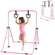 Sbarra da ginnastica artistica per bambini in acciaio rosa con 2 anelli, altezza regolabile e pieghevole, 148x105x88-128 cm, per casa