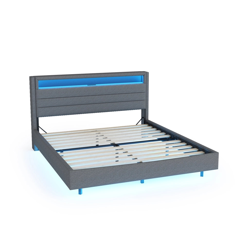 Letto imbottito 140x200 cm con LED, USB e testiera contenitore