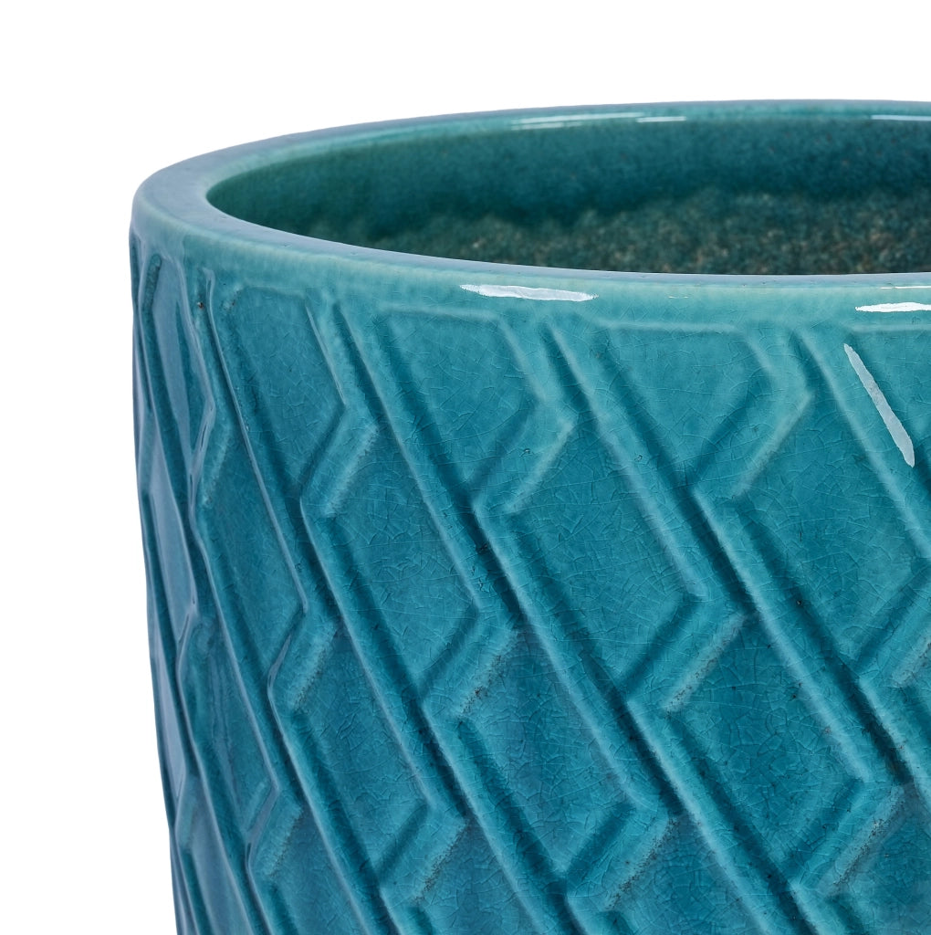 Grande Vaso in Ceramica Artigianale, 42 cm di Diametro × 54 cm di Altezza, Blu Ciano Lucido con Motivo a Rombo, Traspirante e Resistenti al Gelo con Fori di Drenaggio