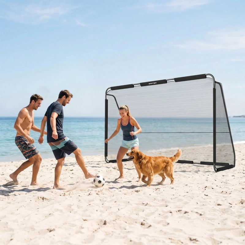 Porta da calcio per giardino con telaio in metallo Ø 32 mm rete fitta in poliestere e 4 picchetti nera