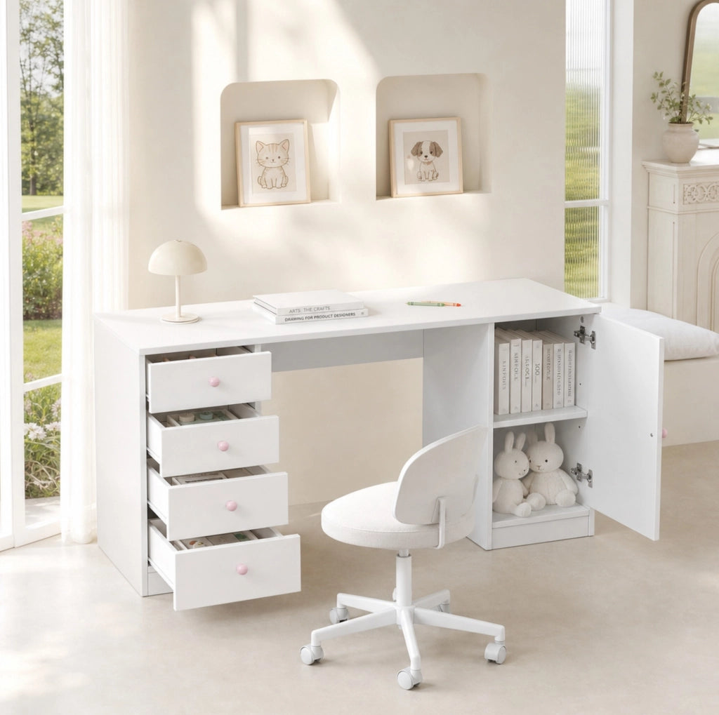Scrivania per bambini 155x45x75 cm in MDF bianco, 4 cassetti e vano