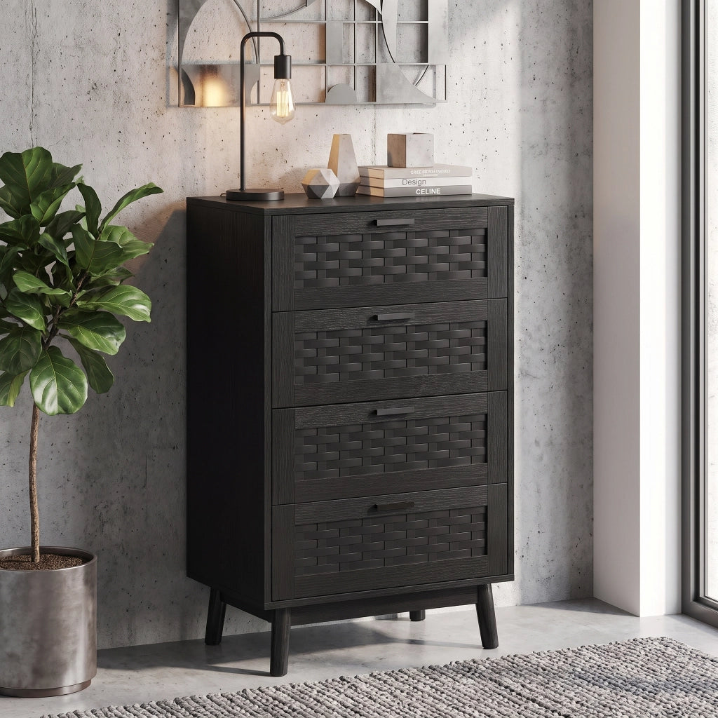 Cassettiera 55x40x95 cm 4 cassetti mobile contenitore in legno e PVC rattan per soggiorno - nero