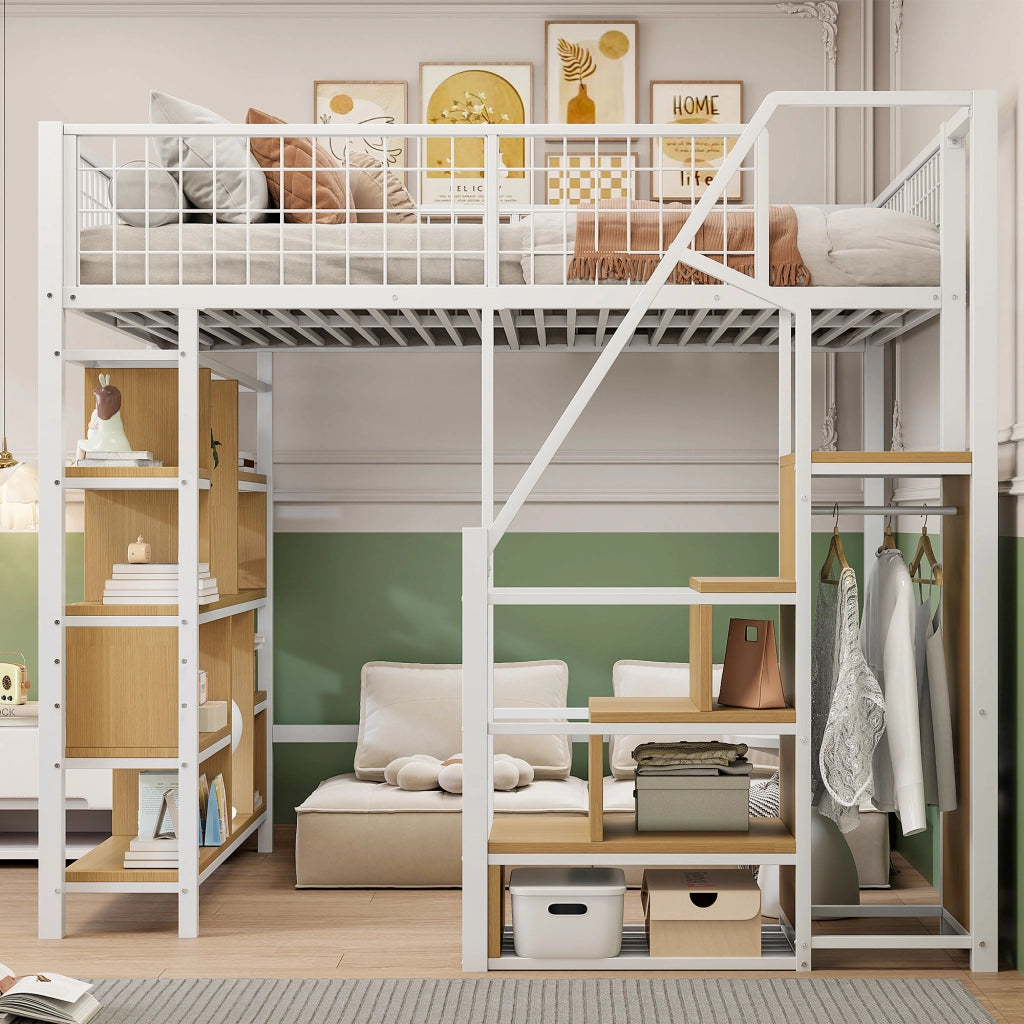 Letto a soppalco 140 × 200 cm con scala contenitore e vano aperto in metallo e legno bianco