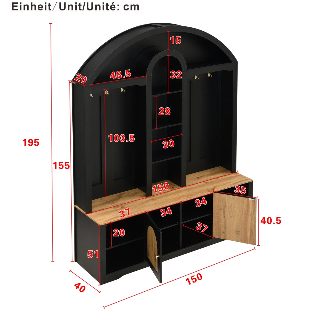 Garderoba in MDF nera con ripiani, appendiabiti e doppi sportelli, design curvo 150x40x195 cm