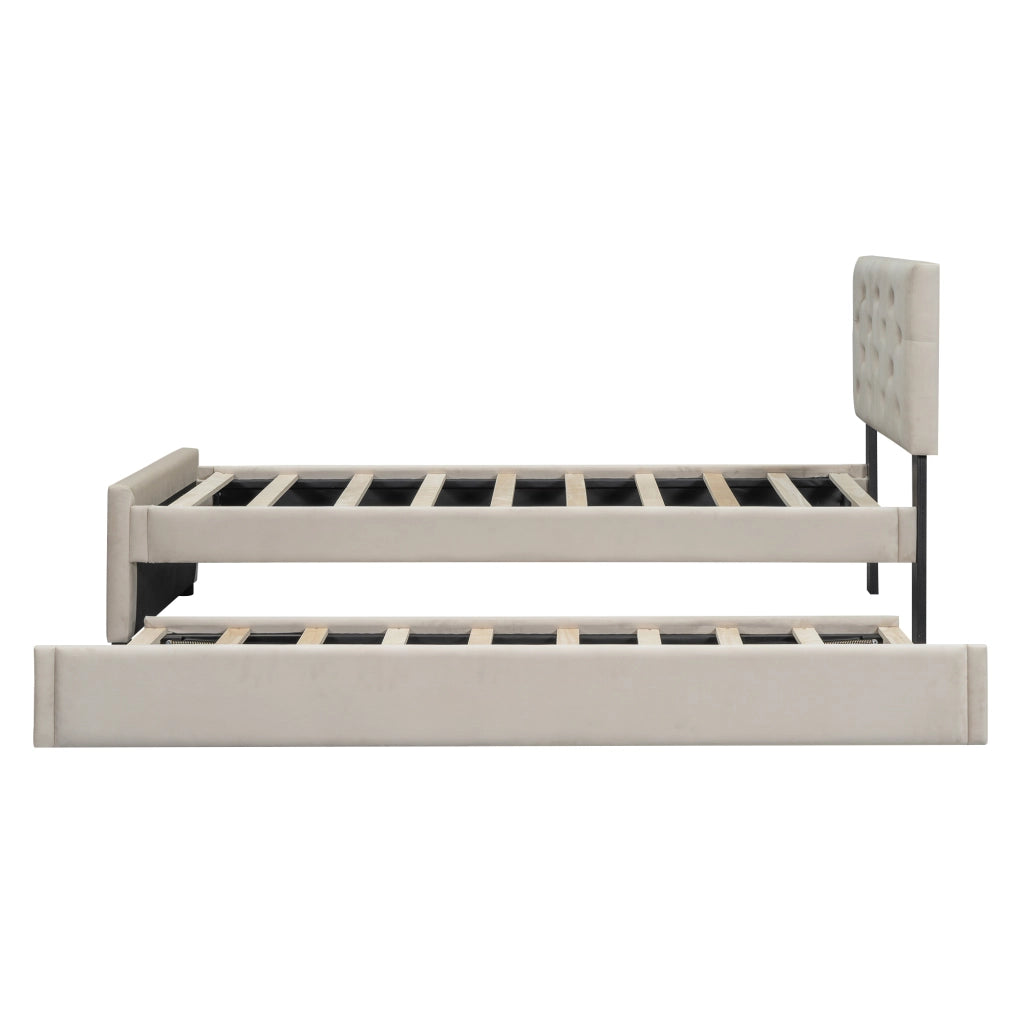 DESMIU Letto estraibile Letto singolo 90 × 200 cm 1 posto con letto aggiuntivo, senza materasso, velluto, beige