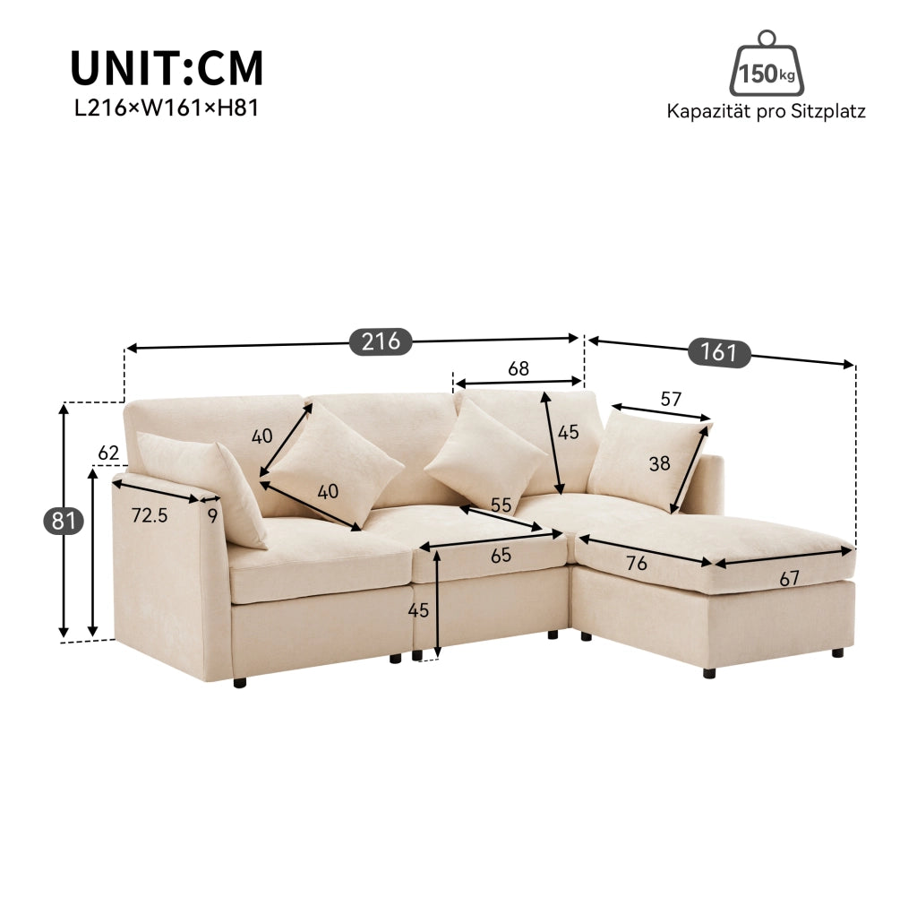Divano angolare modulare L a 3 posti con pouf mobile e 4 cuscini in tessuto chenille beige, 216x161x81 cm