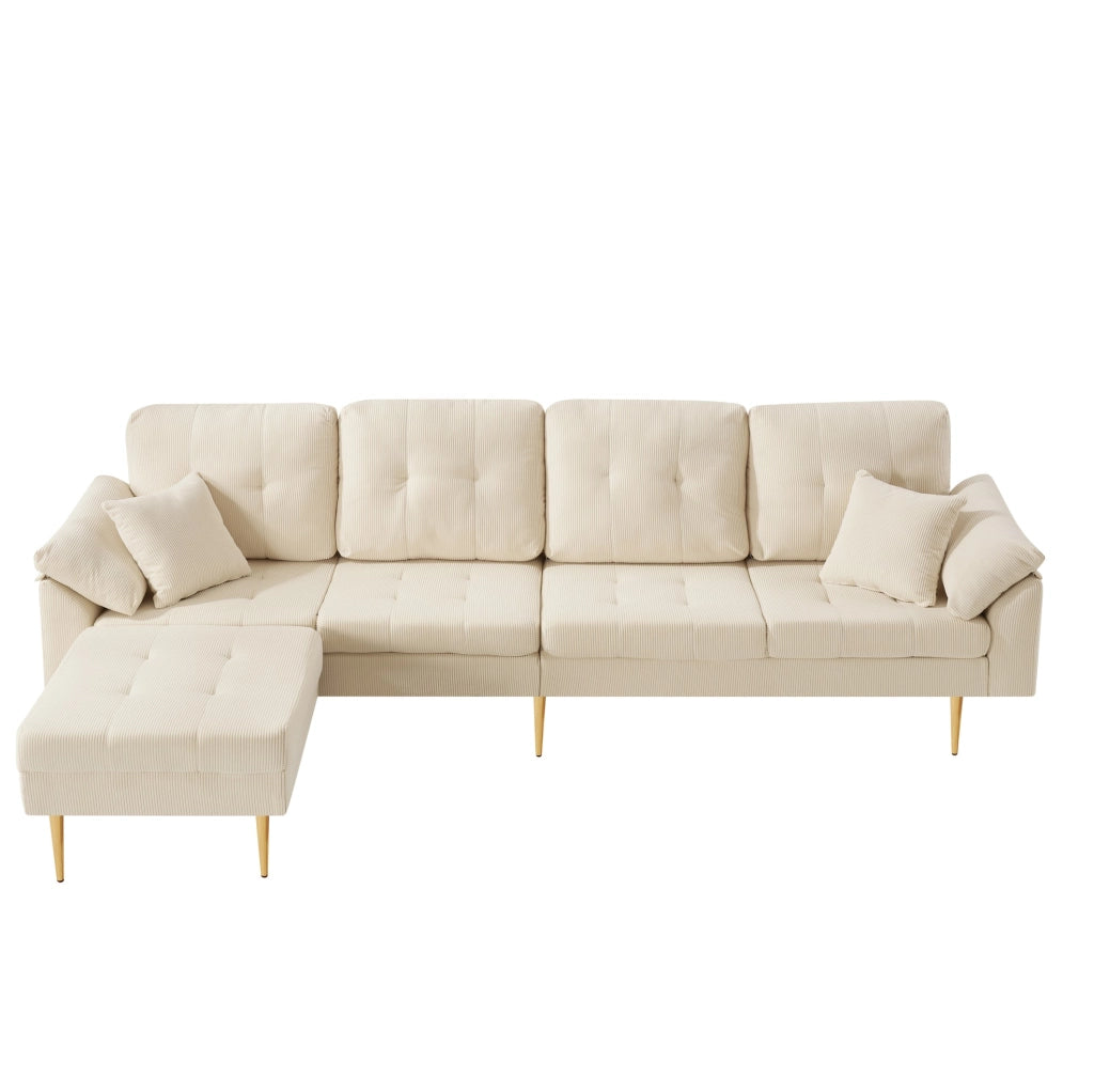 Divano 4 posti moderno in tessuto vellutato con pouf versatile, struttura in ferro da 20 cm, 250 cm, colore crema bianco