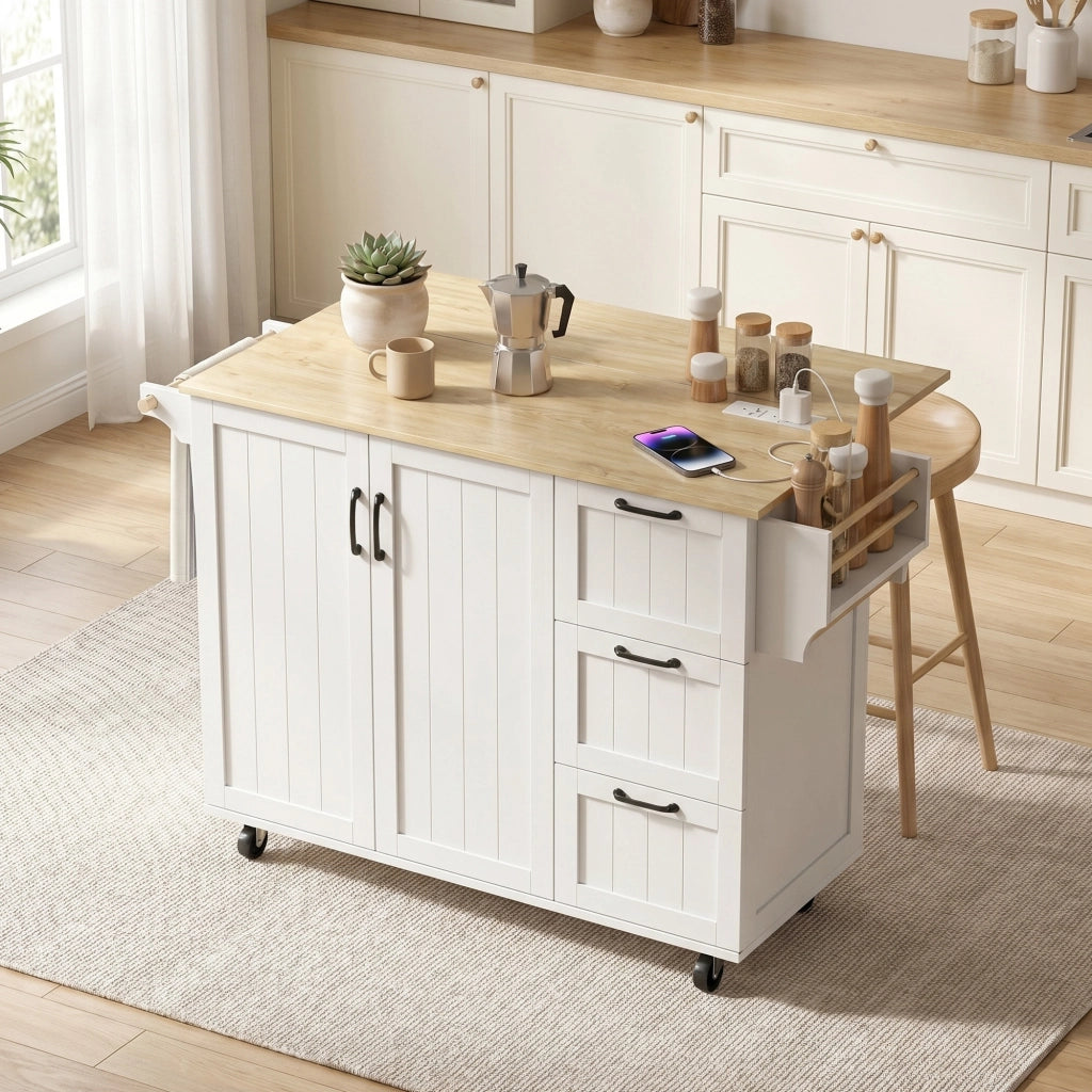 Îlot Central Cuisine avec Plateau Rabattable 2 Prises et 2 Ports USB Desserte de Cuisine sur Roulettes 3 Tiroirs Blanc