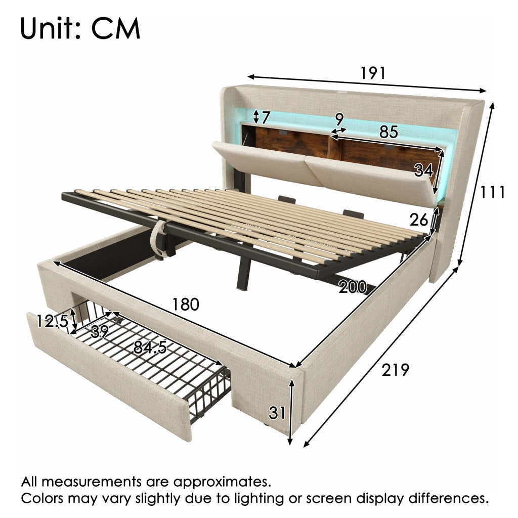 Letto contenitore 180 × 200 cm con testiera portaoggetti LED USB e USB-C in lino beige