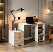 Scrivania compatta con cassetti e ripiani aperti in MDF e alluminio, 137x55x92 cm, ideale per studio e lavoro