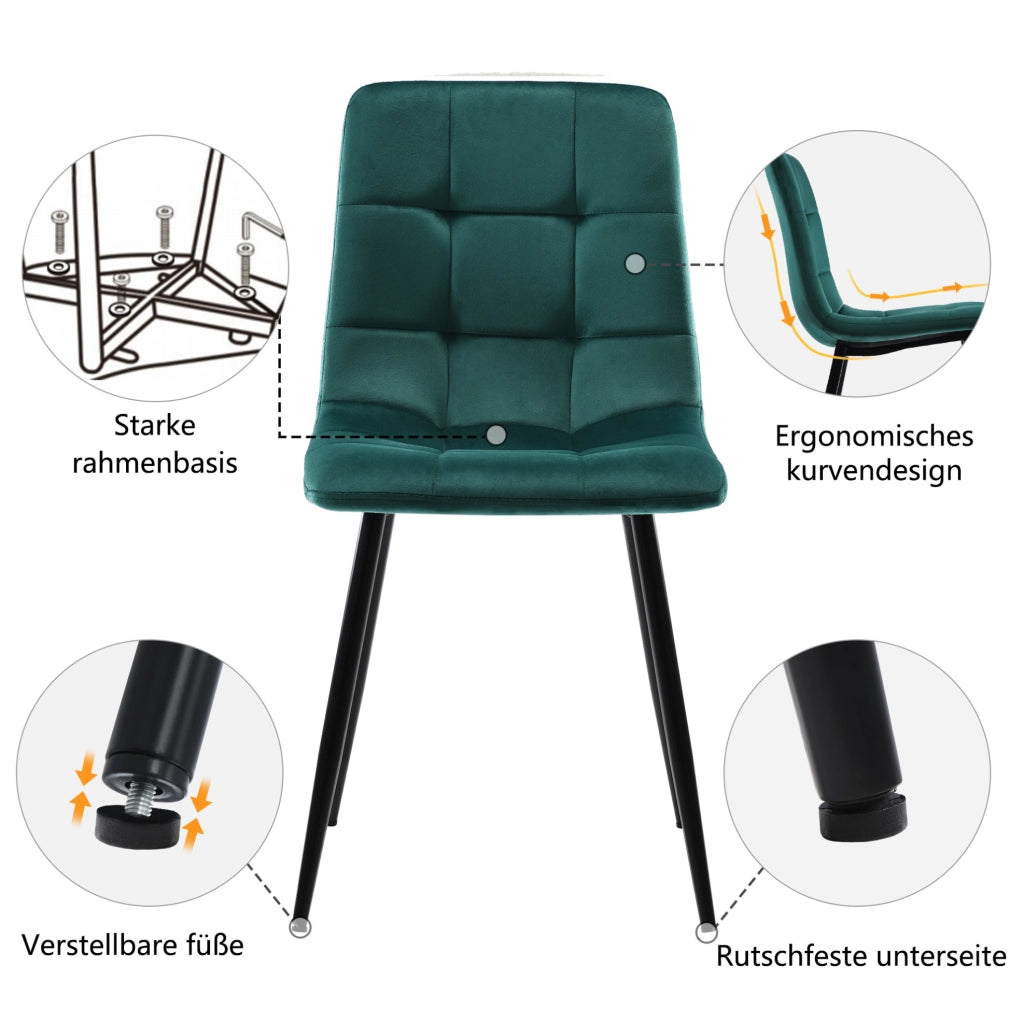 Set tavolo da pranzo rettangolare 117x68 cm con 4 sedie in velluto verde
