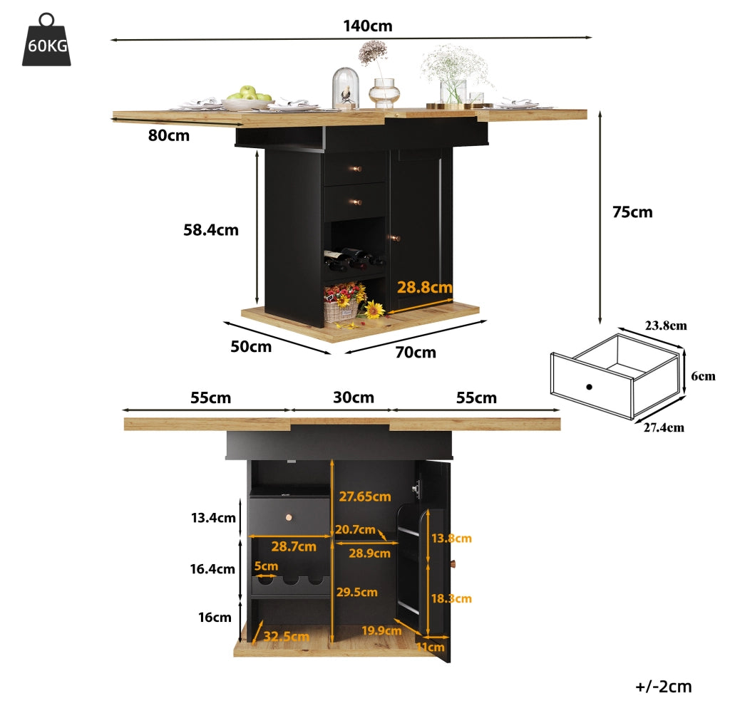Tavolo da pranzo estensibile 110-140x80x75 cm in MDF nero e naturale con contenitore
