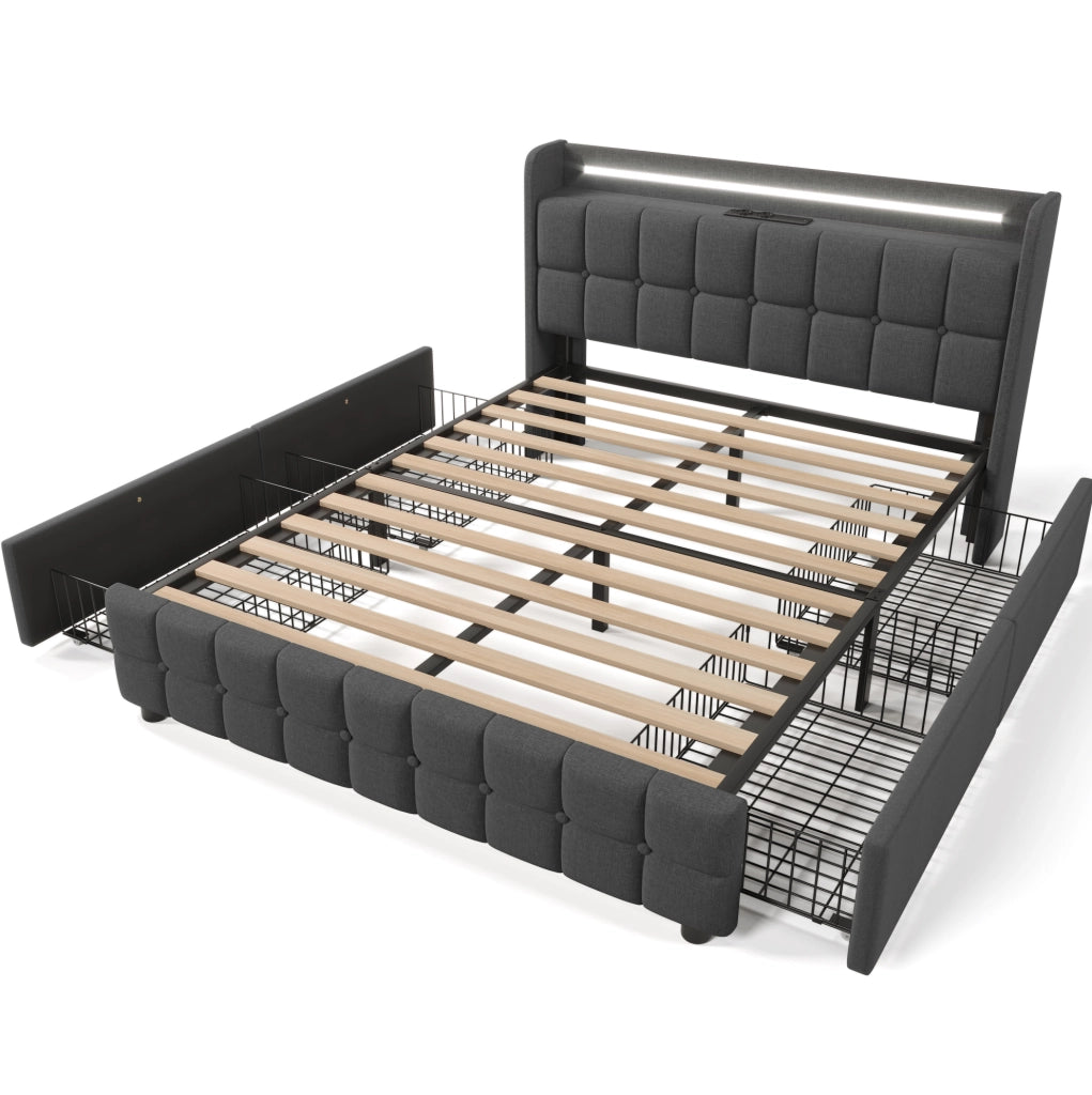 Letto 140x200 cm con LED, prese USB, 4 cassetti e rete a doghe in legno grigio