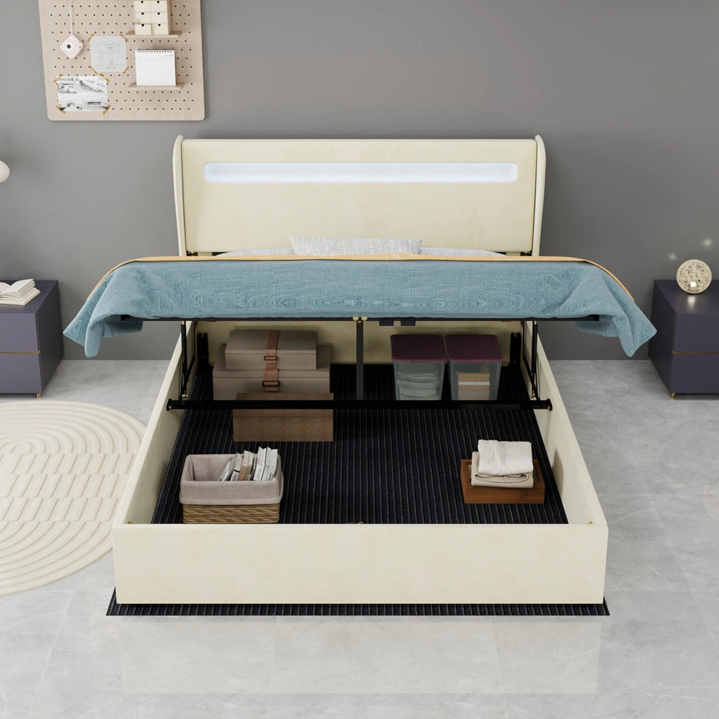 Letto contenitore matrimoniale 140 × 200 cm 2 posti con LED regolabile e base sollevabile, senza materasso, beige