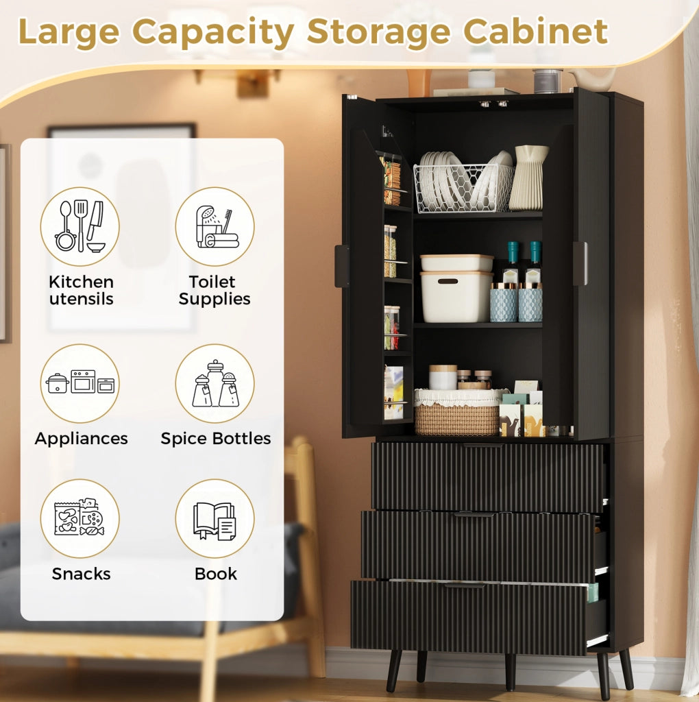 Mobile alto ULEVR 75x35x180 cm con 2 ante, 3 cassetti e ripiani regolabili, MDF nero