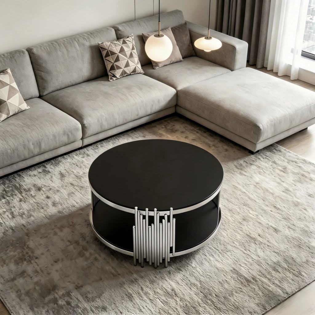 Tavolino da caff¨¨ rotondo 80x80x45 cm a 2 ripiani in vetro temperato nero e acciaio inox argento