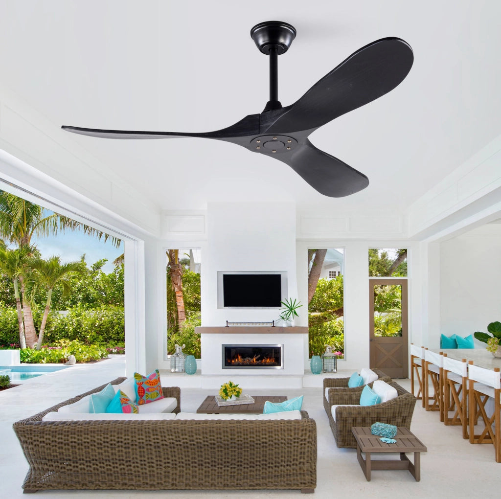 Ventilatore da soffitto nero da 52 pollici con 3 pale in legno massello Paulownia, 6 velocità regolabili con telecomando